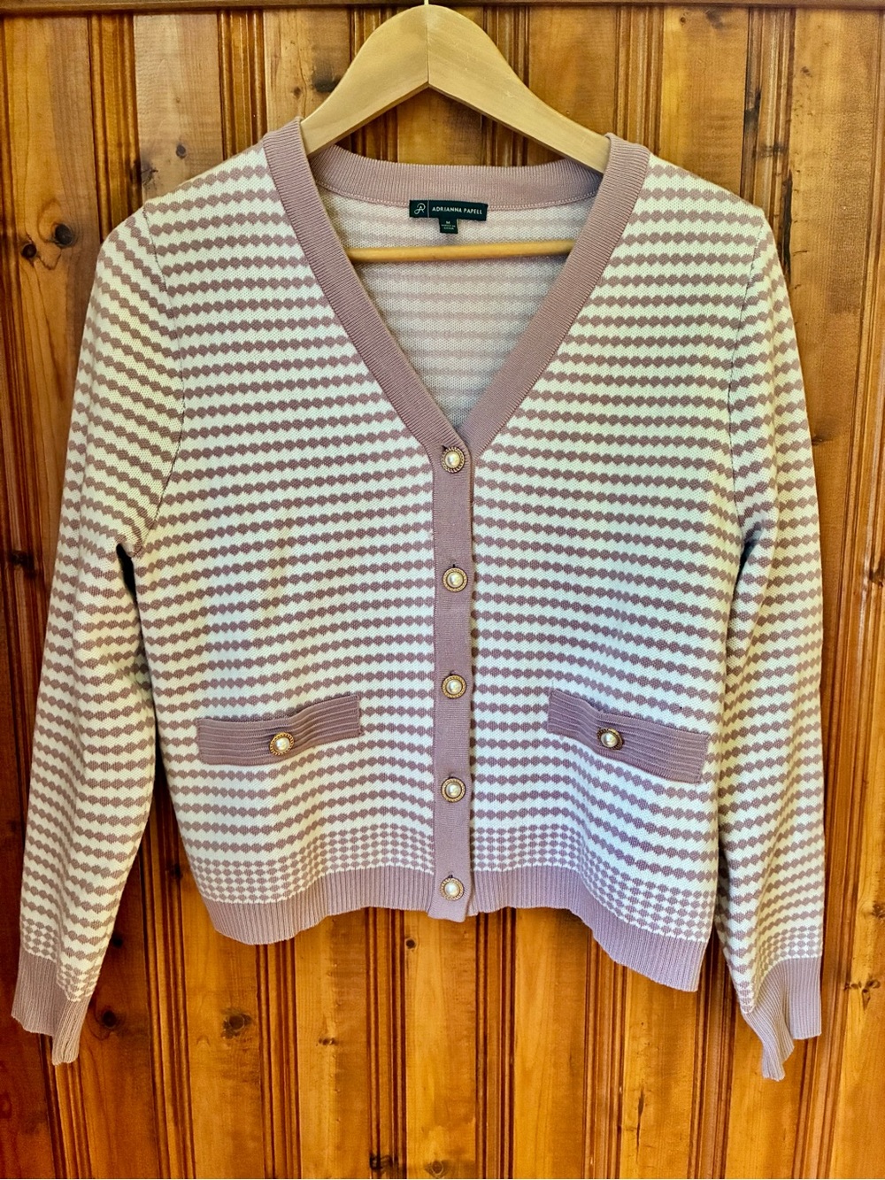 Adrianna Papell Pink & White Striped V-Neck Button Cardigan